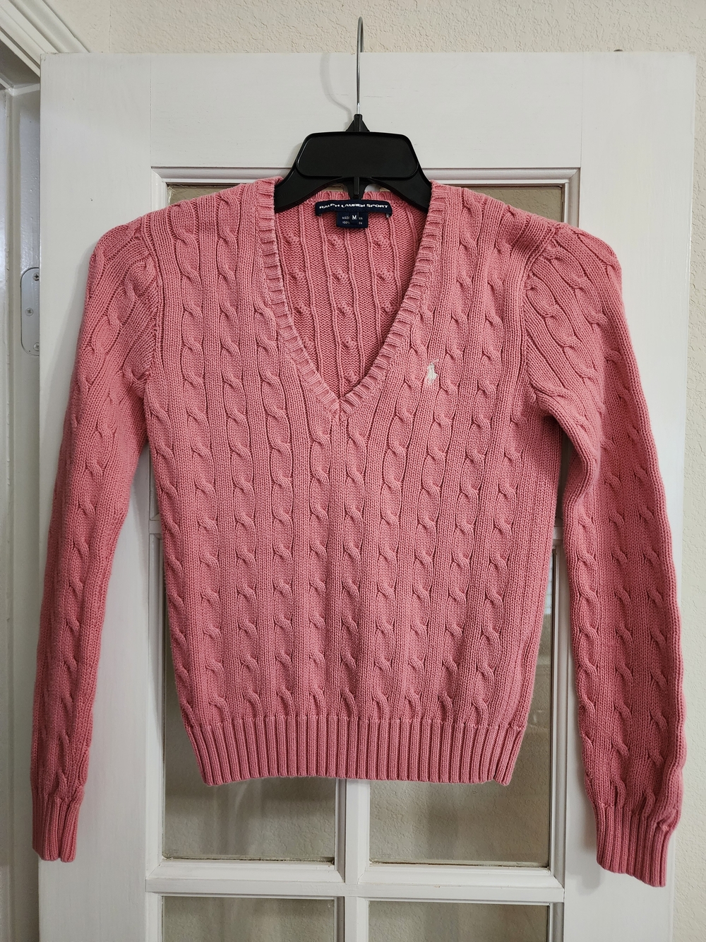 Ralph Lauren Sport Pink Cable Knit Sweater V Neck Cotton Y2K Preppy Medium